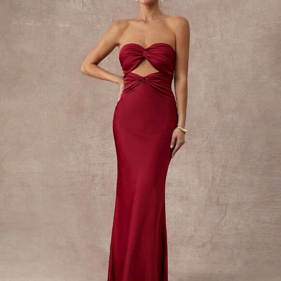 Burgundy Elegant Party Women's Twisted Tube Top Satin Graduation Dress - Picture 1 of 7